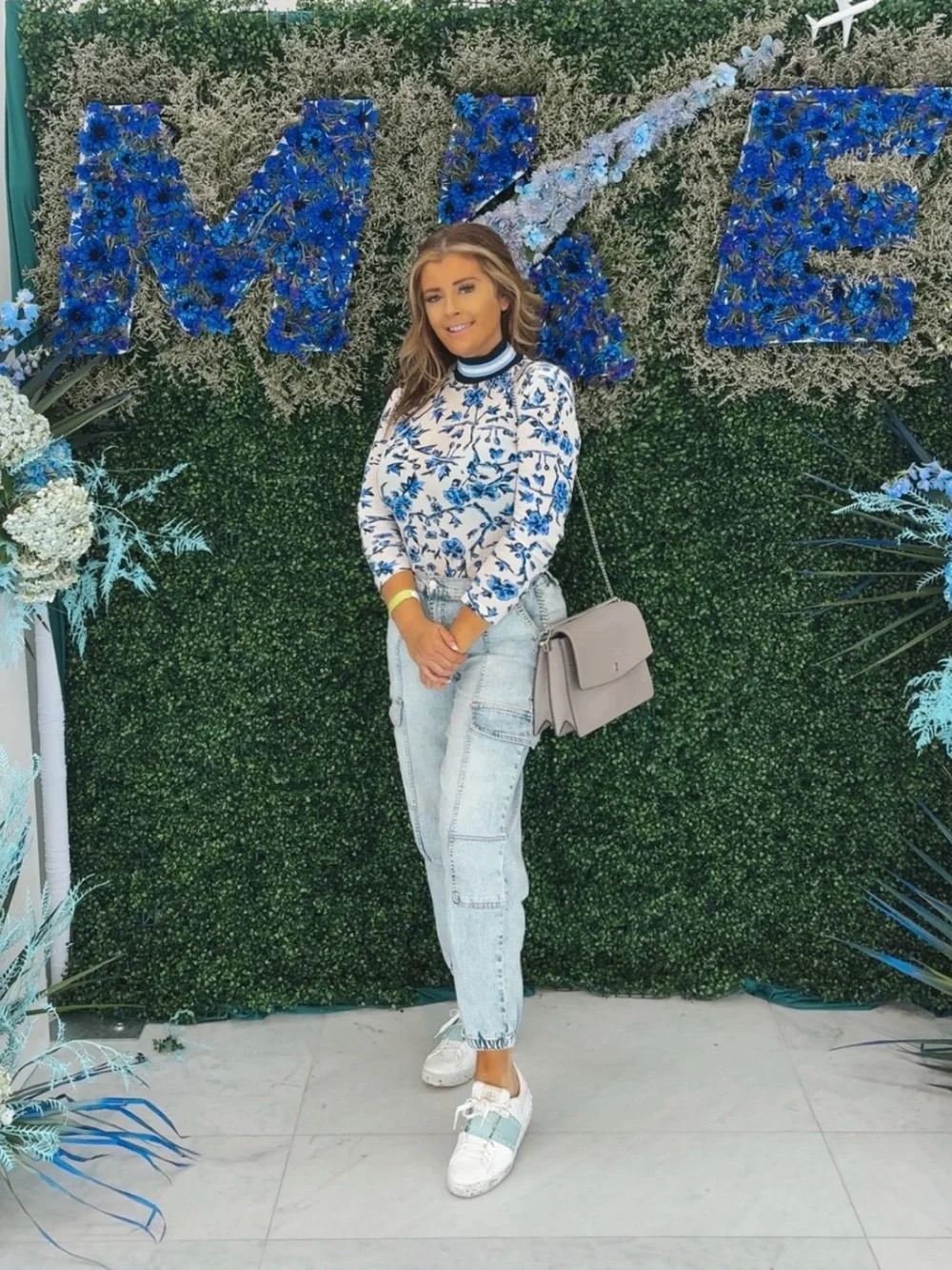 Tory Burch Blue Floral Mock Neck Long Sleeve Top